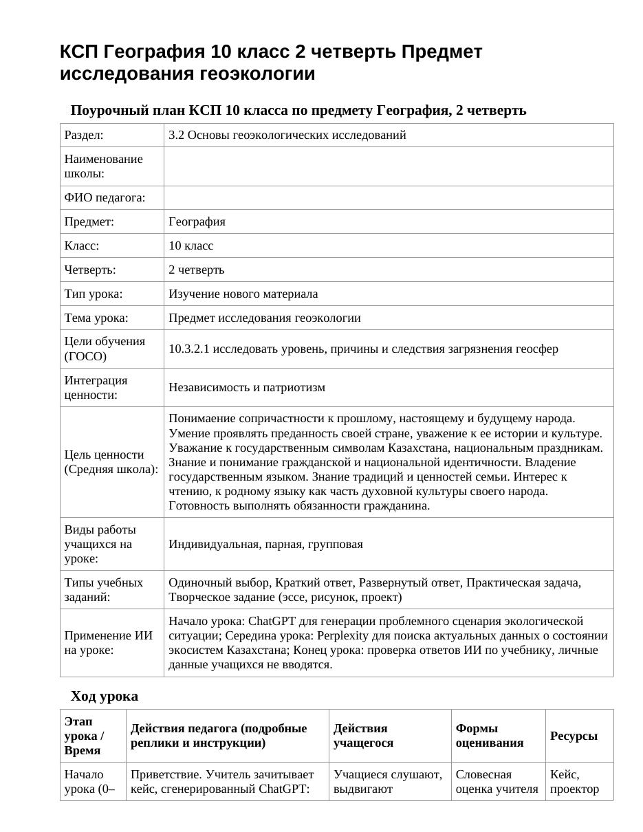 КСП География 10 класс 2 четверть Предмет исследования геоэкологии
