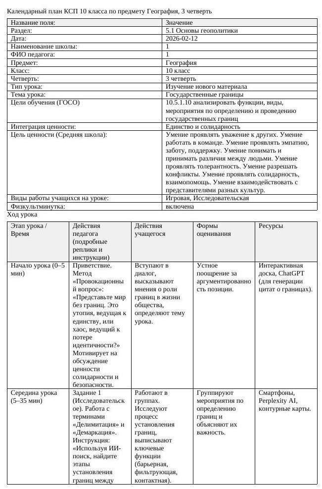 КСП География 10класс 3четверть Государственные границы docx