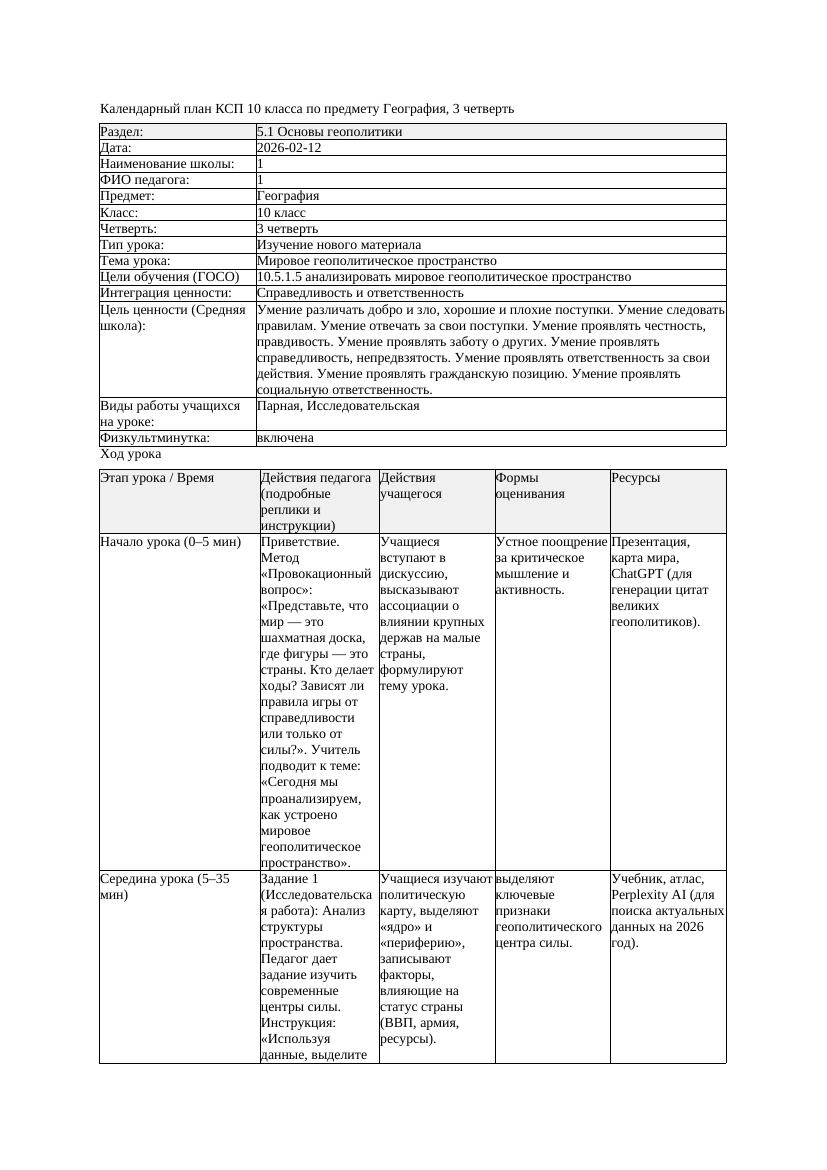 КСП География 10класс 3четверть Мировое геополитическое пространство