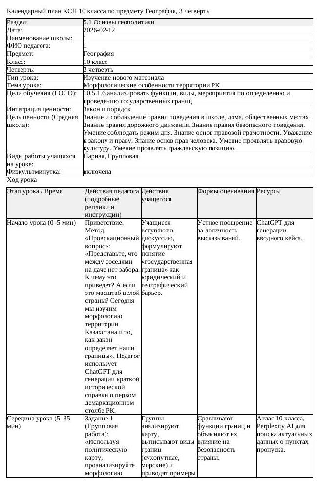 КСП География 10класс 3четверть Морфологические особенности территории