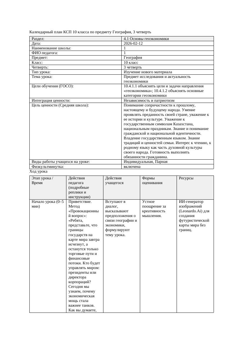 КСП География 10класс 3четверть Предмет исследования и актуальность
