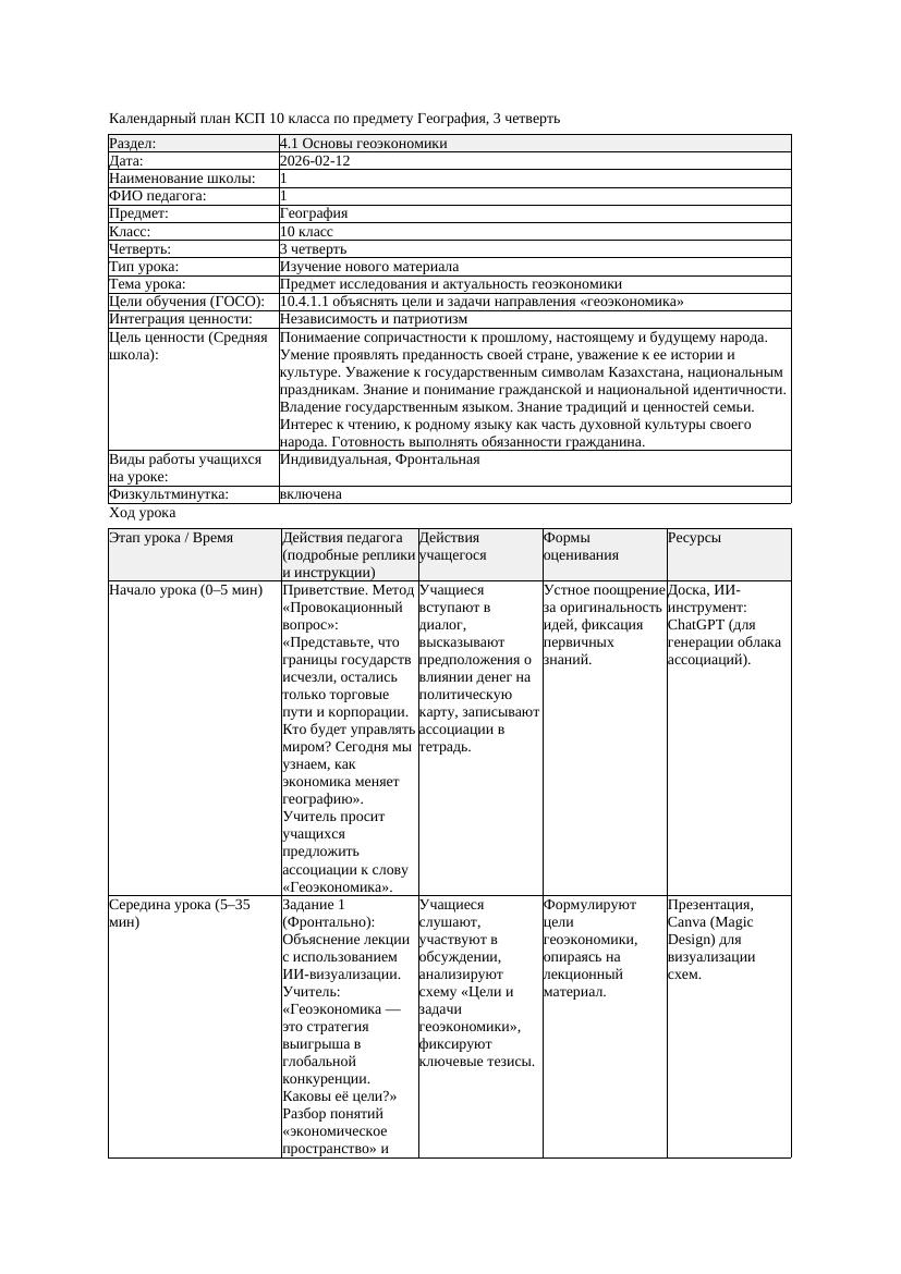 КСП География 10класс 3четверть Предмет исследования и актуальность