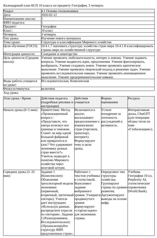 КСП География 10 класс 3 четверть Структура и классификация Мирового (урок 1)
