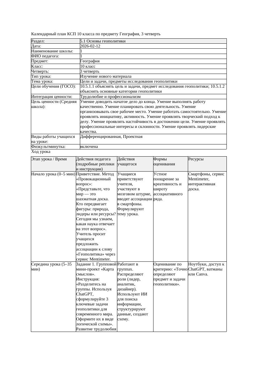 КСП География 10класс 3четверть Цели и задачи предметы исследования
