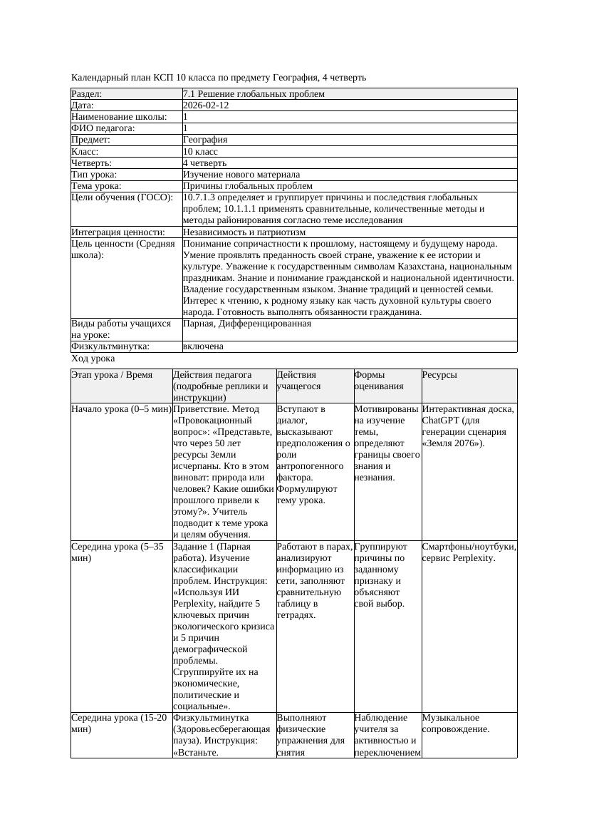 КСП География 10класс 4четверть Причины глобальных проблем docx
