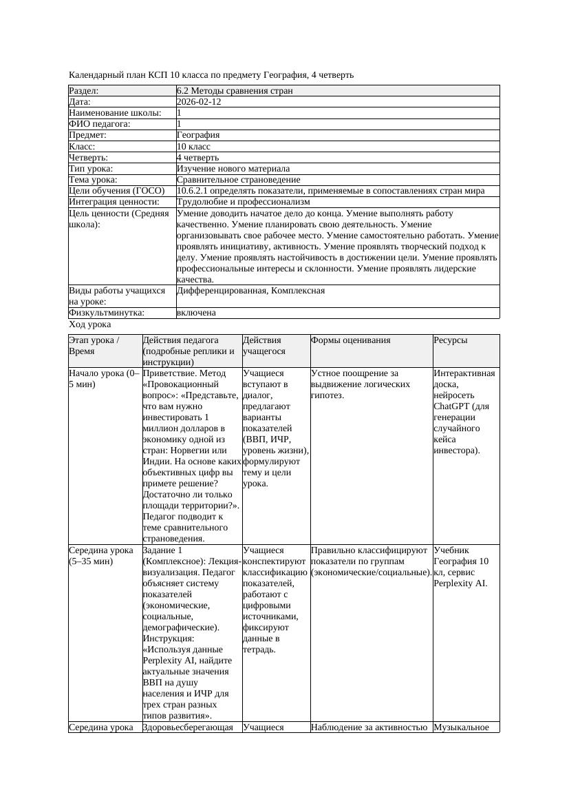 КСП География 10класс 4четверть Сравнительное страноведение docx