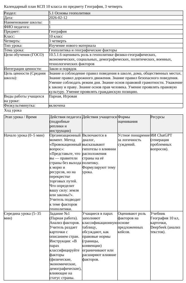 КСП География 10класс ЕМН 3четверть Геополитика и географические