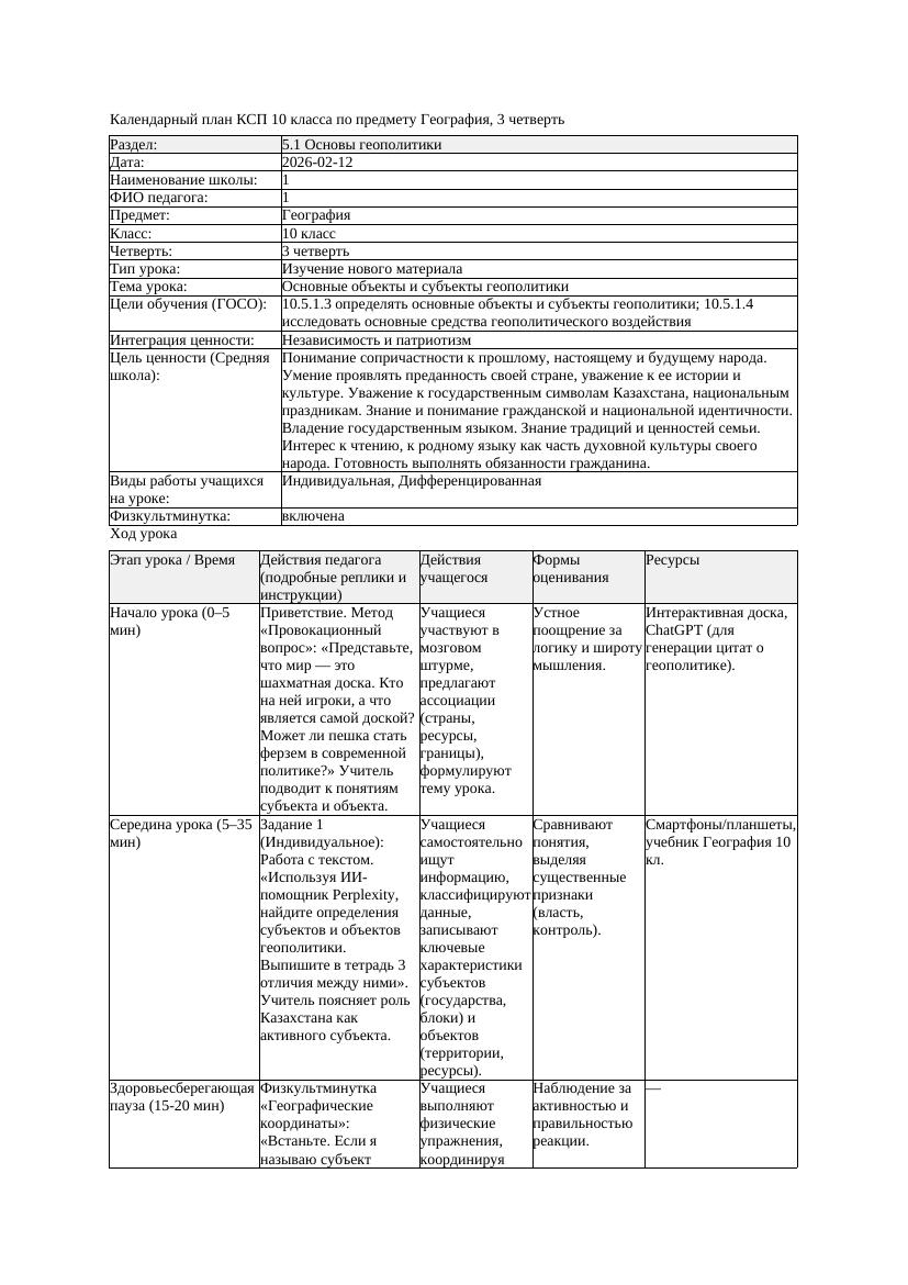 КСП География 10класс ЕМН 3четверть Основные объекты и субъекты