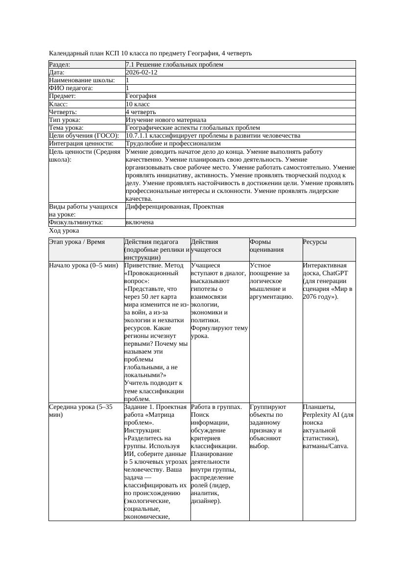 КСП География 10класс ЕМН 4четверть Географические аспекты глобальных