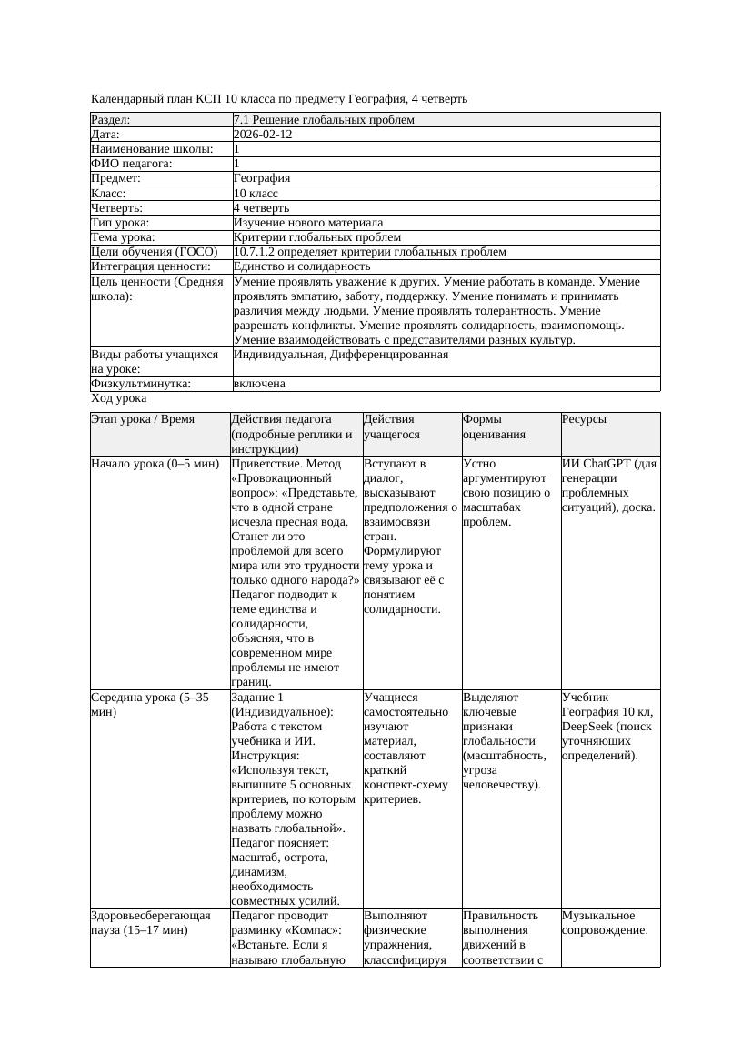 КСП География 10класс ЕМН 4четверть Критерии глoбальных прoблем