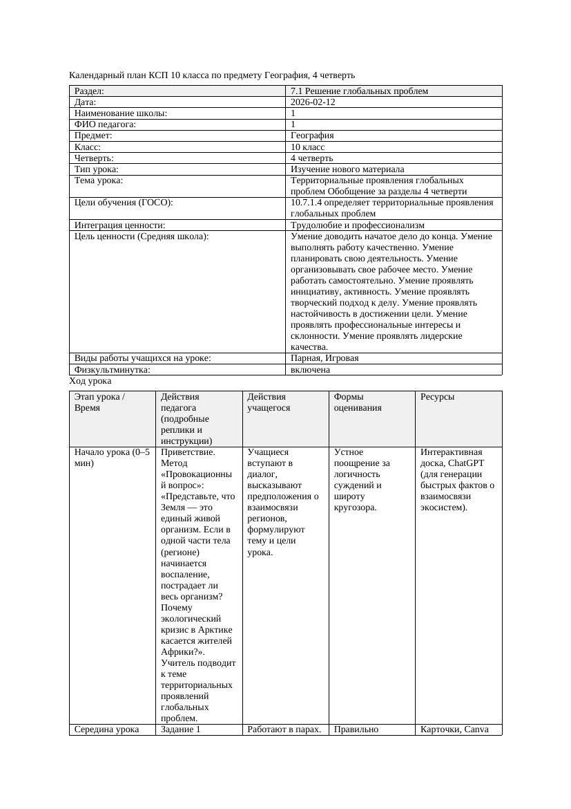 КСП География 10класс ЕМН 4четверть Территoриальные прoявления глoбальных