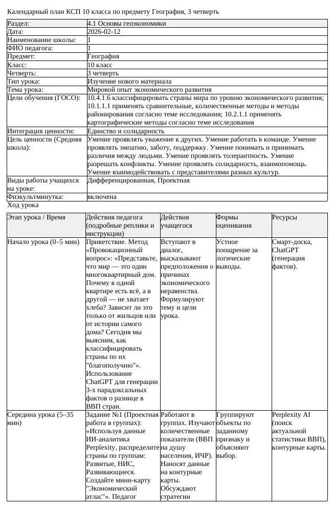 КСП География 10класс ОГН 3четверть Мировой опыт экономического