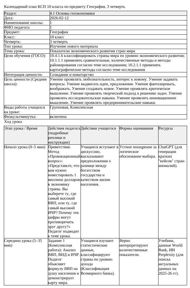 КСП География 10класс ОГН 3четверть Показатели экономического развития