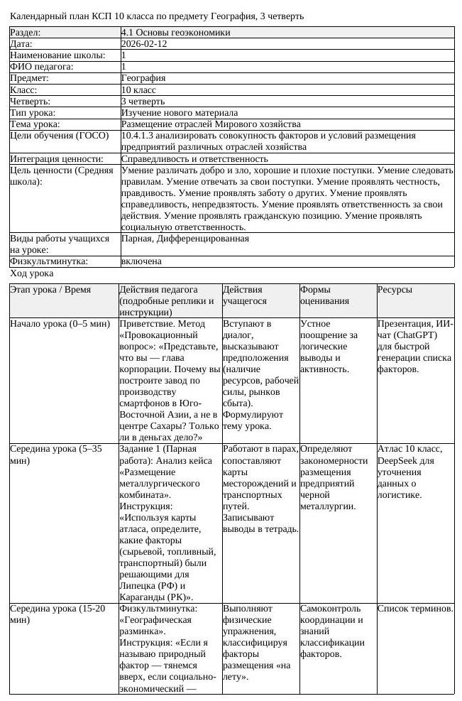 КСП География 10 класс ОГН 3 четверть Размещение отраслей Мирового