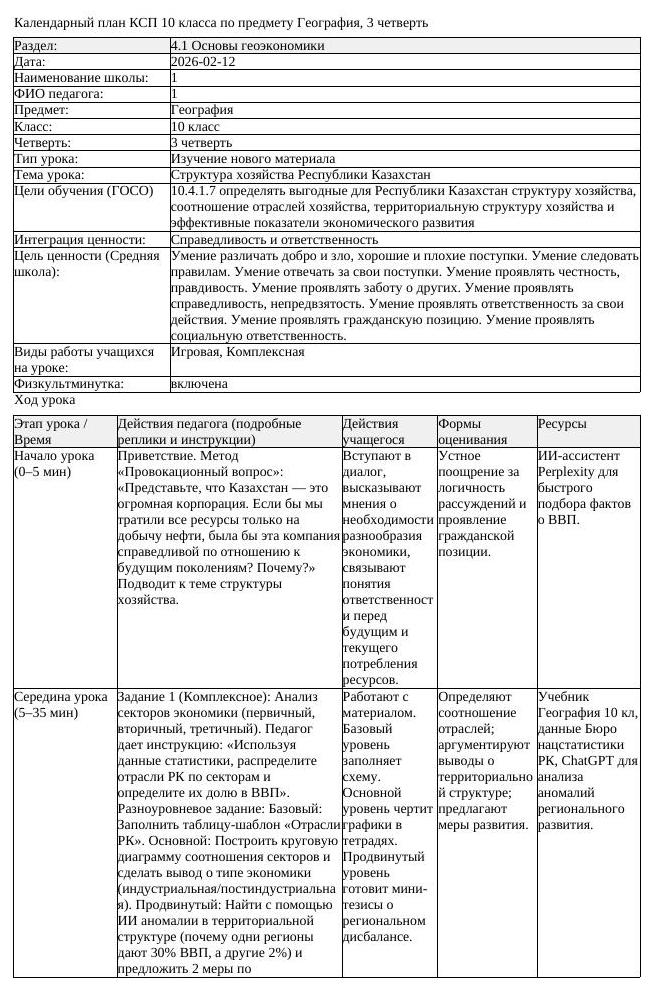 КСП География 10 класс ОГН 3 четверть Структура хозяйства Республики