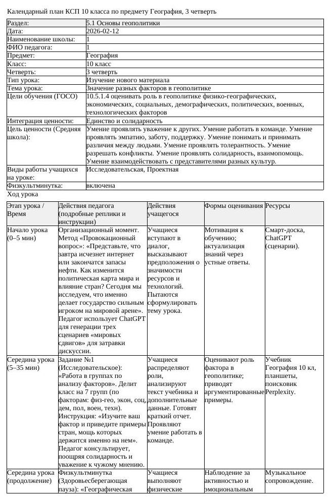 КСП География 10класс ОГН 3четверть Значение разных факторов в геополитике