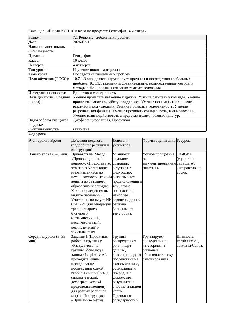 КСП География 10класс ОГН 4четверть Последствия глобальных проблем