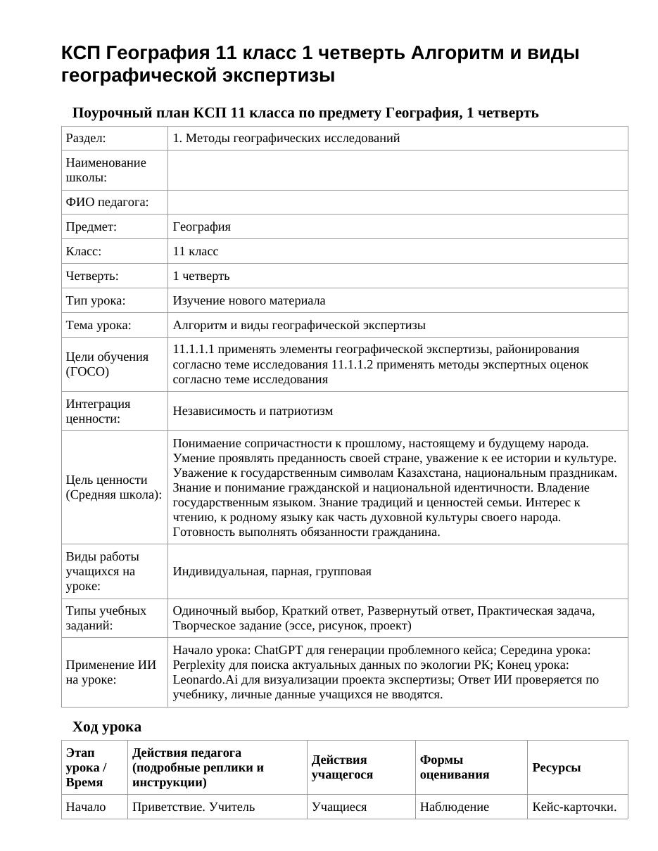 КСП География 11 класс 1 четверть Алгоритм и виды географической экспертизы