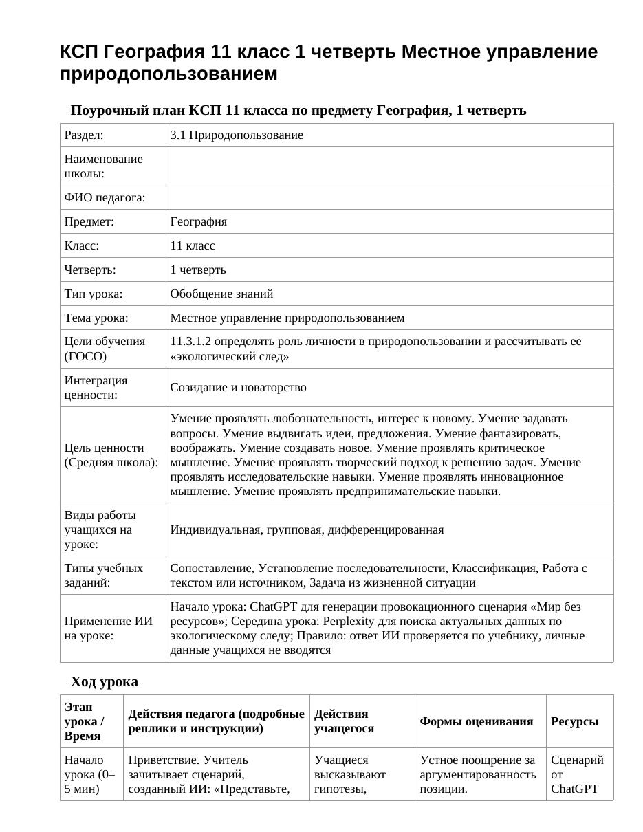 КСП География 11 класс 1 четверть Местное управление природопользованием