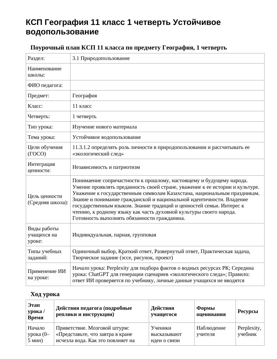 КСП География 11 класс 1 четверть Устойчивое водопользование