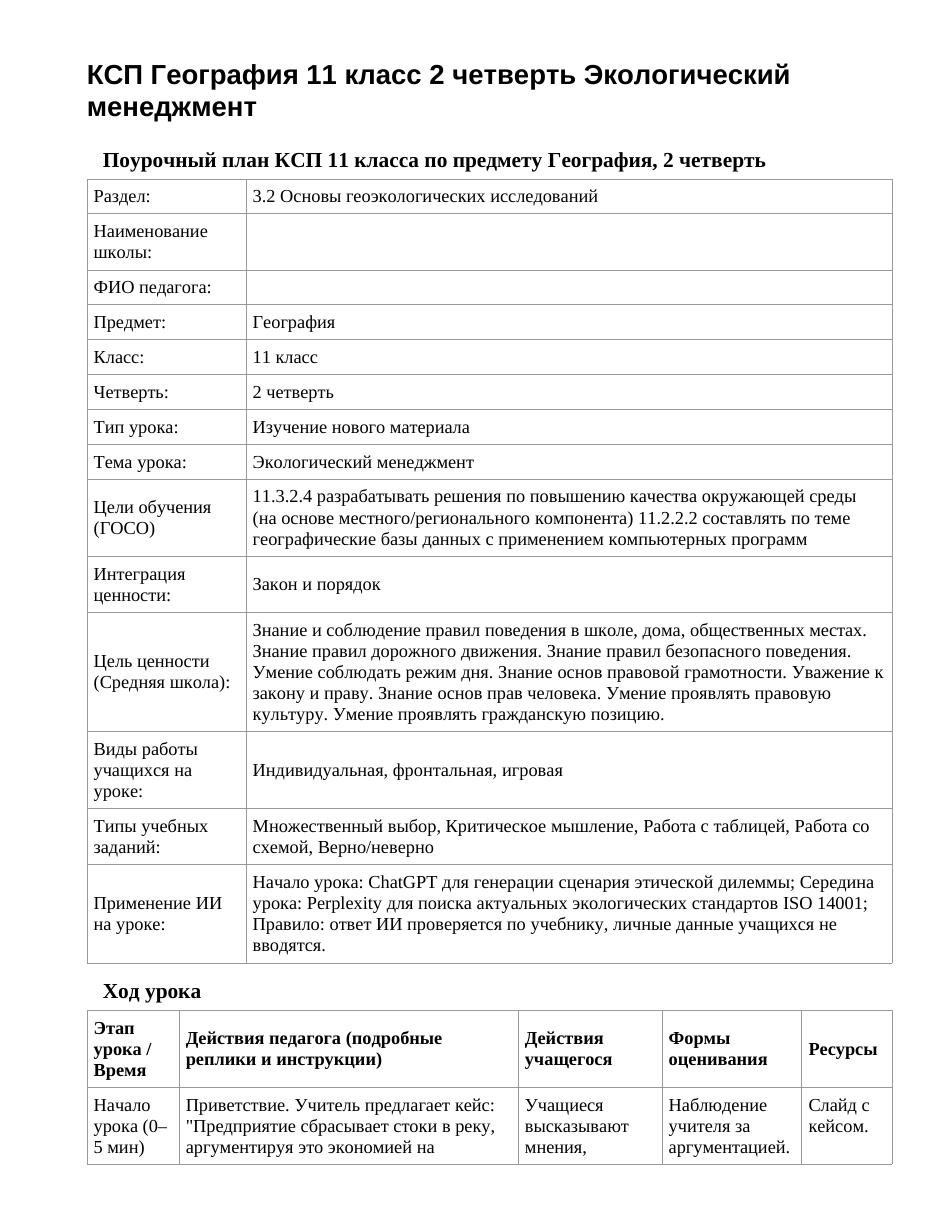 КСП География 11 класс 2 четверть Экологический менеджмент