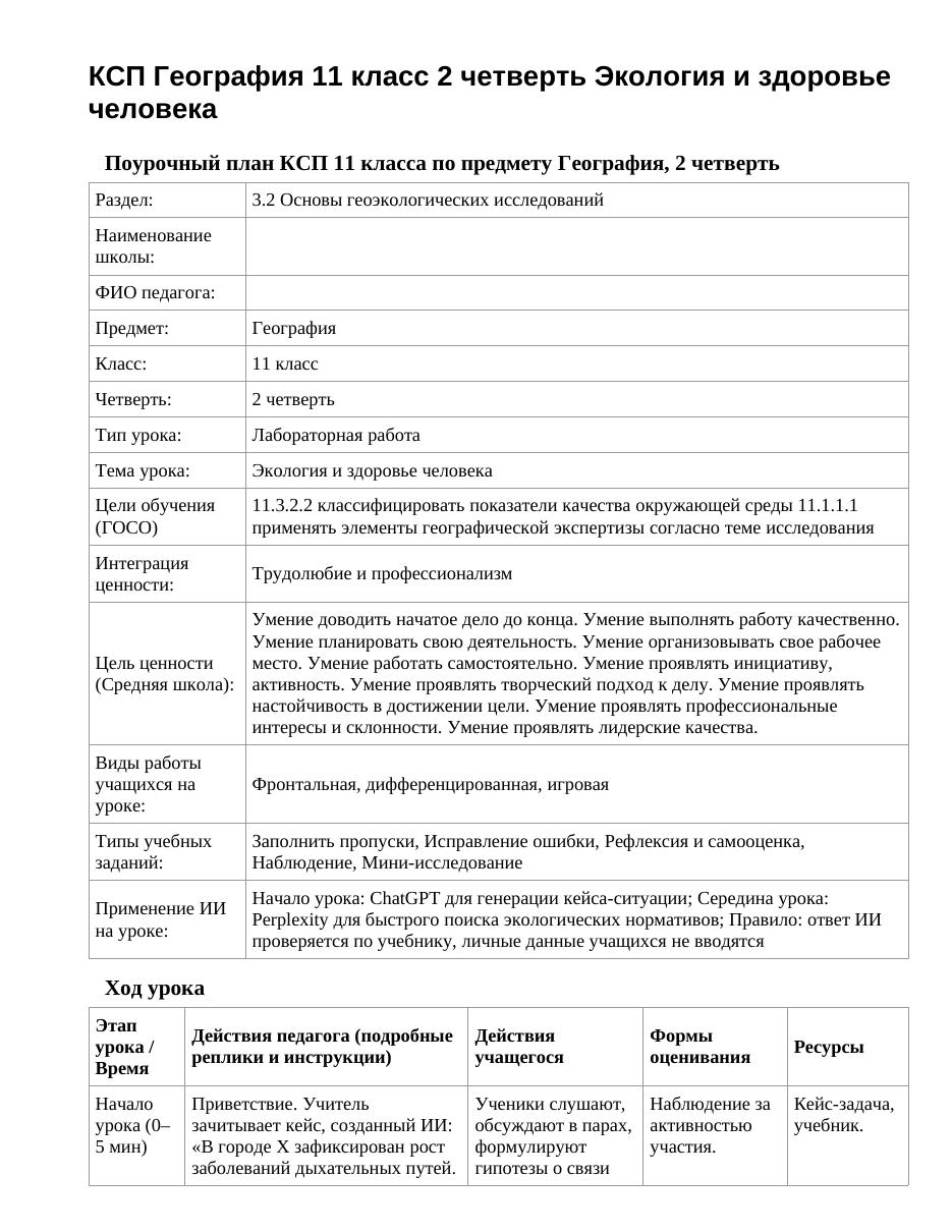 КСП География 11 класс 2 четверть Экология и здоровье человека