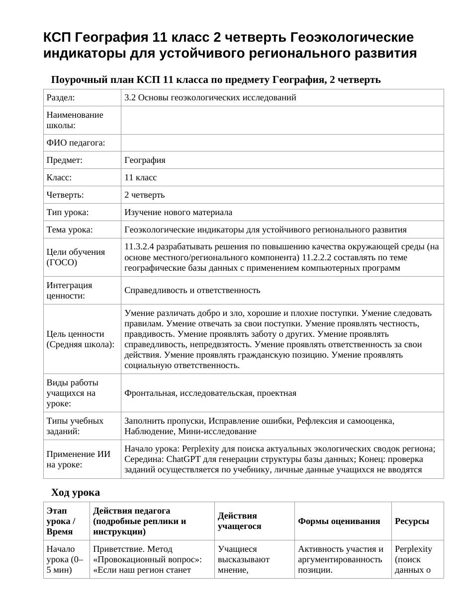 КСП География 11 класс 2 четверть Геоэкологические индикаторы для устойчивого регионального развития