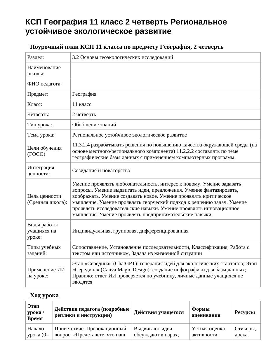 КСП География 11 класс 2 четверть Региональное устойчивое экологическое развитие