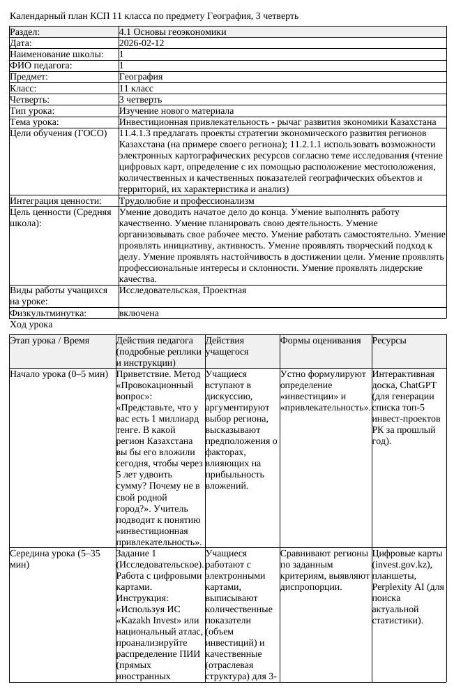 КСП География 11класс 3четверть Инвестиционная привлекательность