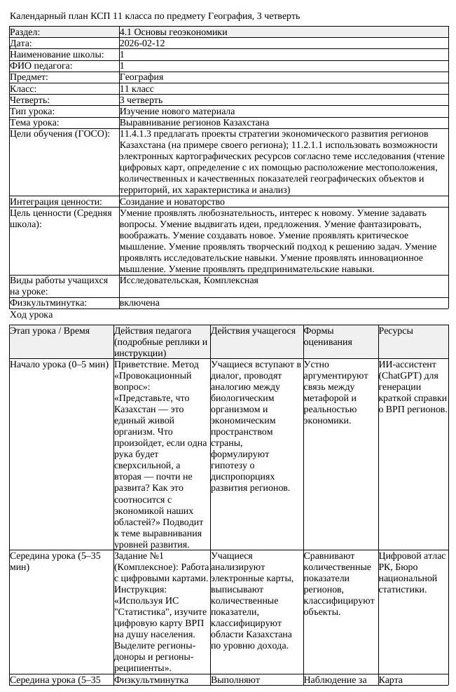 КСП География 11класс 3четверть Выравнивание регионов Казахстана