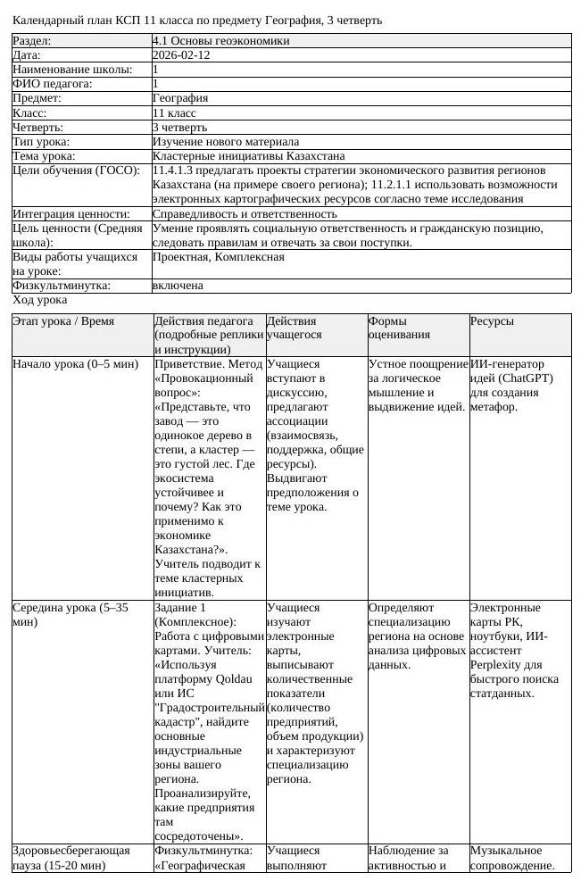 КСП География 11класс ОГН 3четверть Кластерные инициативы Казахстана