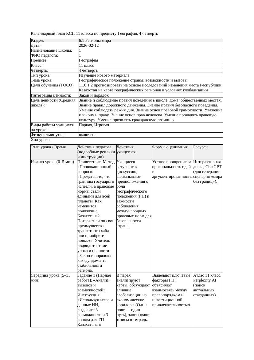 КСП География 11класс ОГН 4четверть Географическое положение страны
