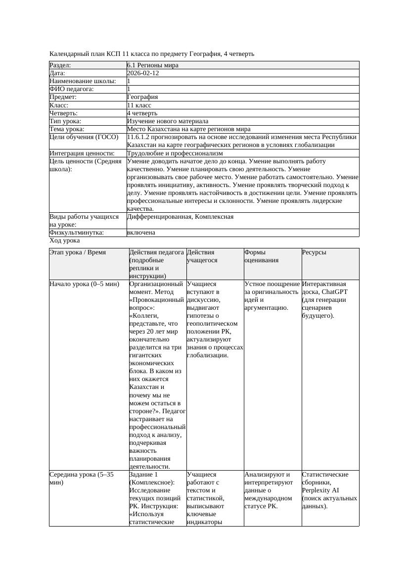 КСП География 11класс ОГН 4четверть Место Казахстана на карте регионов