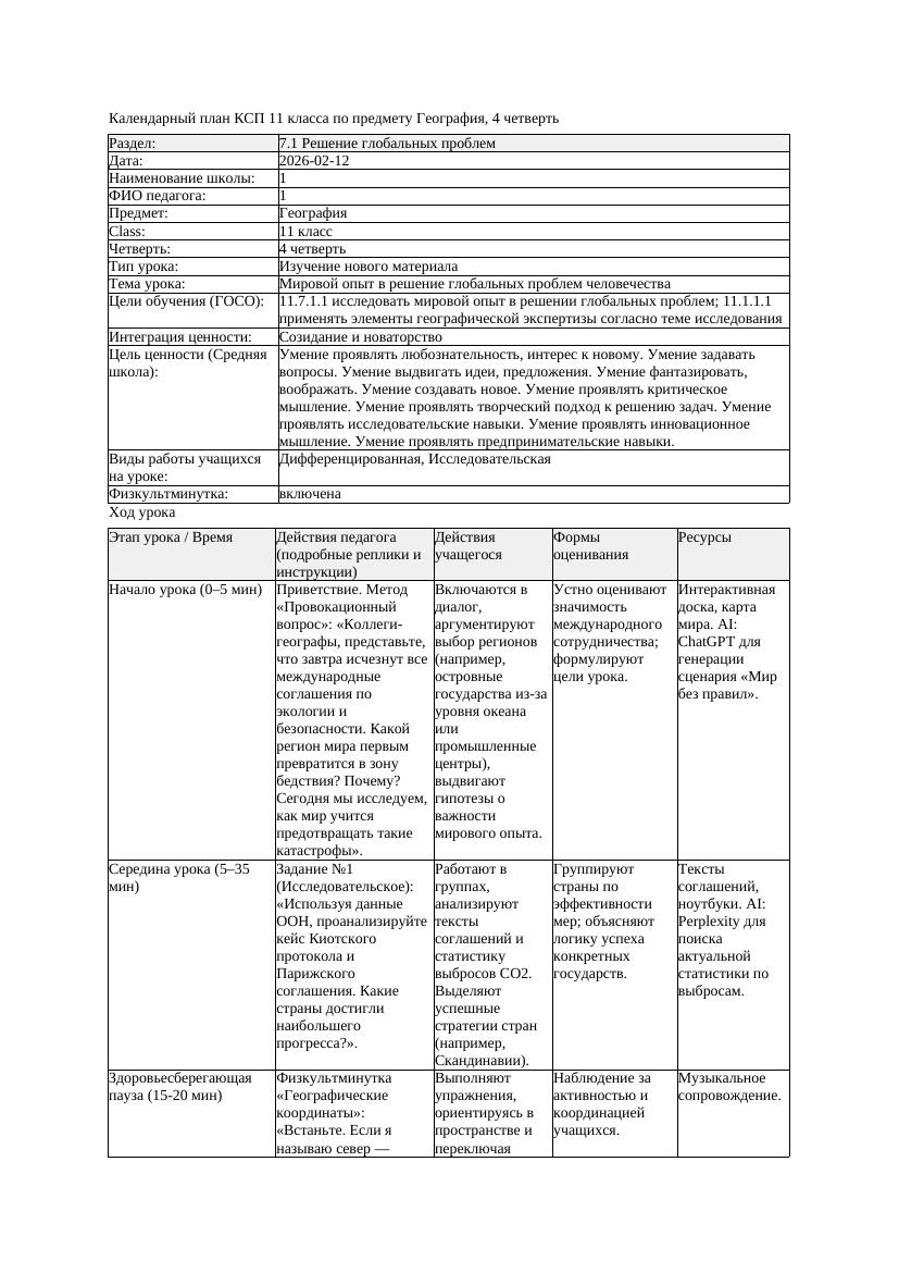 КСП География 11класс ОГН 4четверть Мировой опыт в решение глобальных