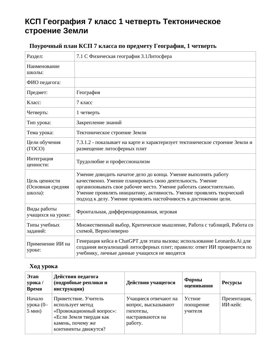 КСП География 7 класс 1 четверть Тектоническое строение Земли