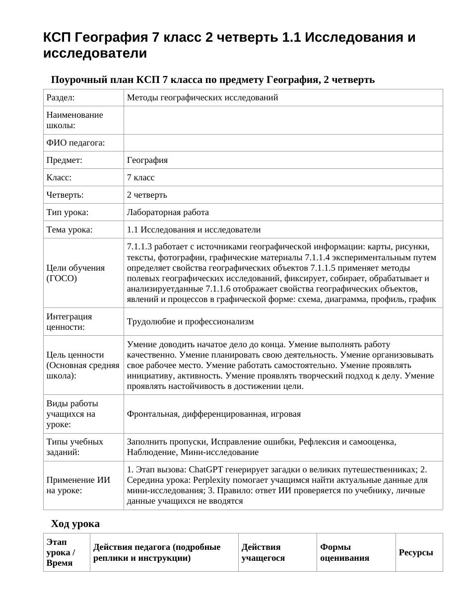 КСП География 7 класс 2 четверть 1.1 Исследования и исследователи