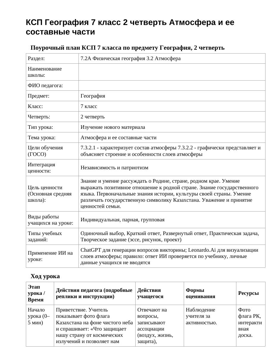 КСП География 7 класс 2 четверть Атмосфера и ее составные части