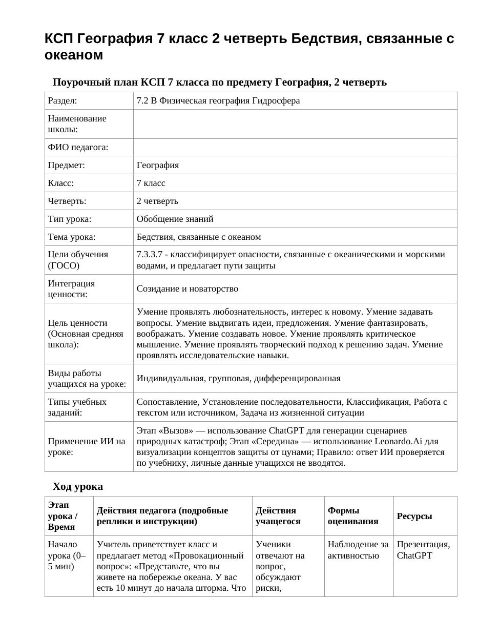 КСП География 7 класс 2 четверть Бедствия, связанные с океаном