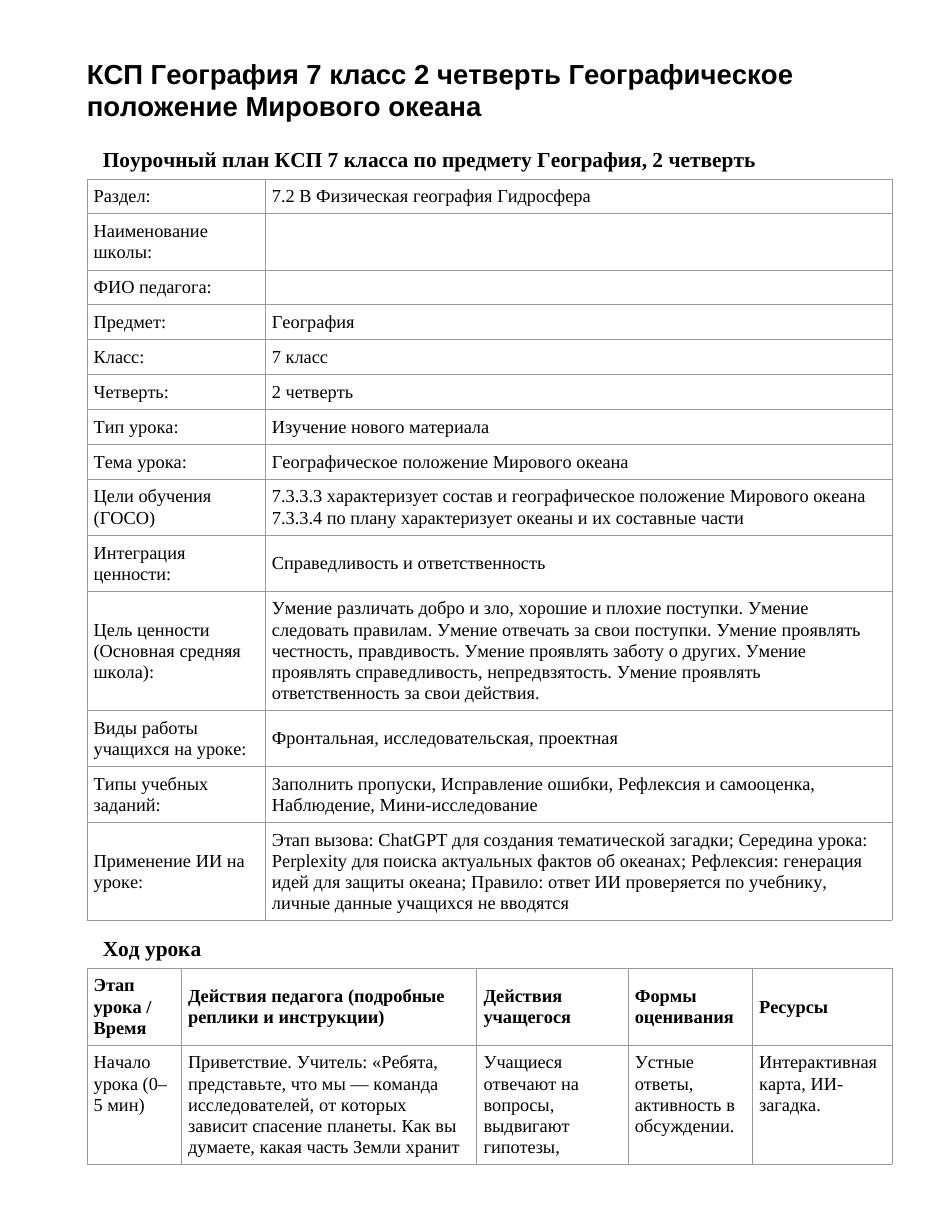 КСП География 7 класс 2 четверть Географическое положение Мирового океана