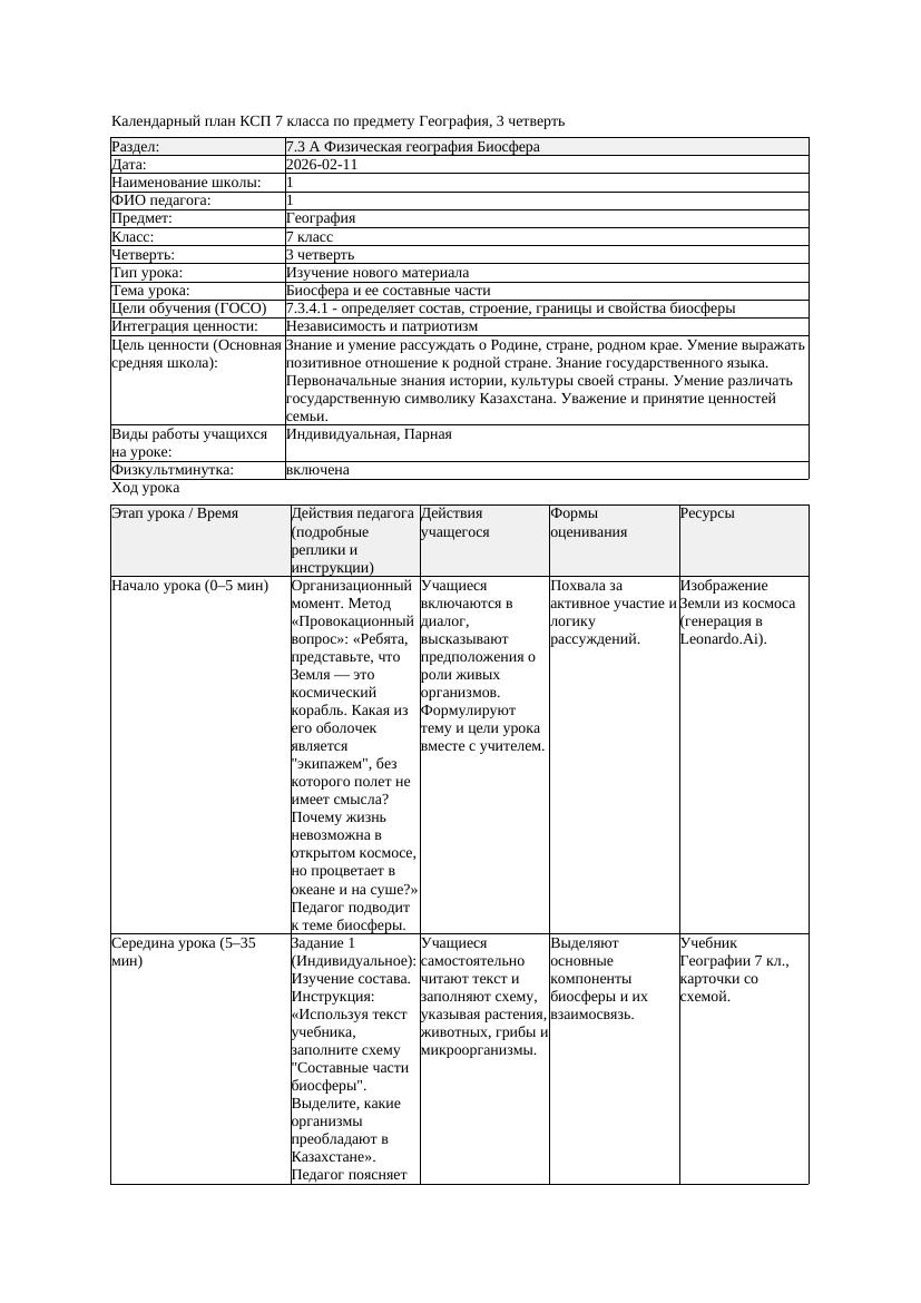 КСП География 7класс 3четверть Биосфера и ее составные части docx