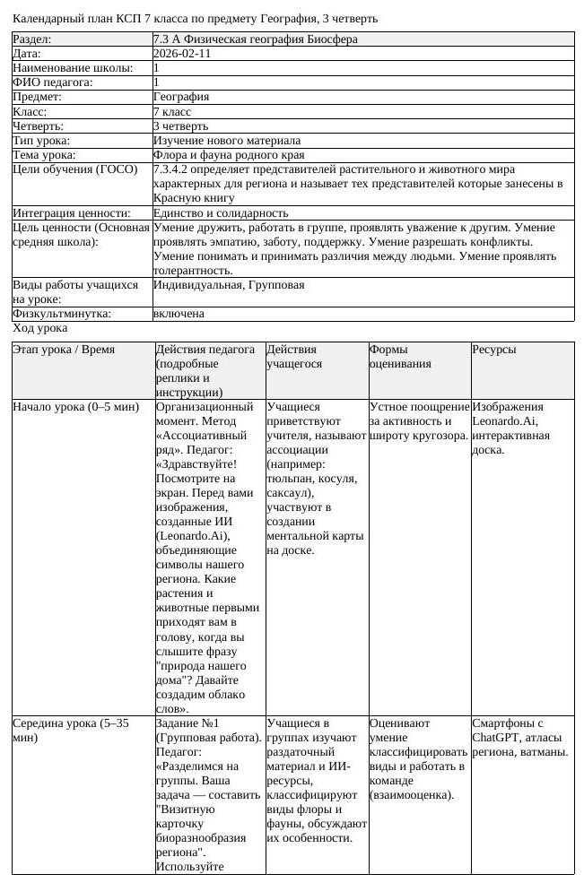 КСП География 7 класс 3 четверть Флора и фауна родногокрая docx