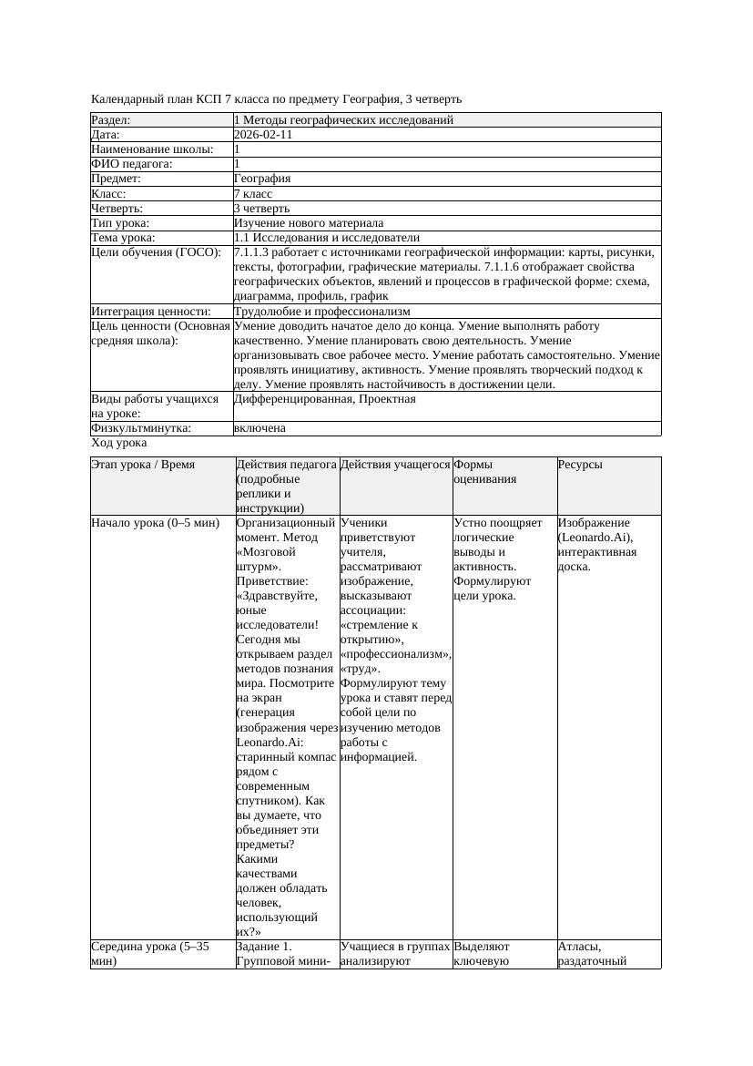 КСП География 7класс 3четверть Исследования и исследовате