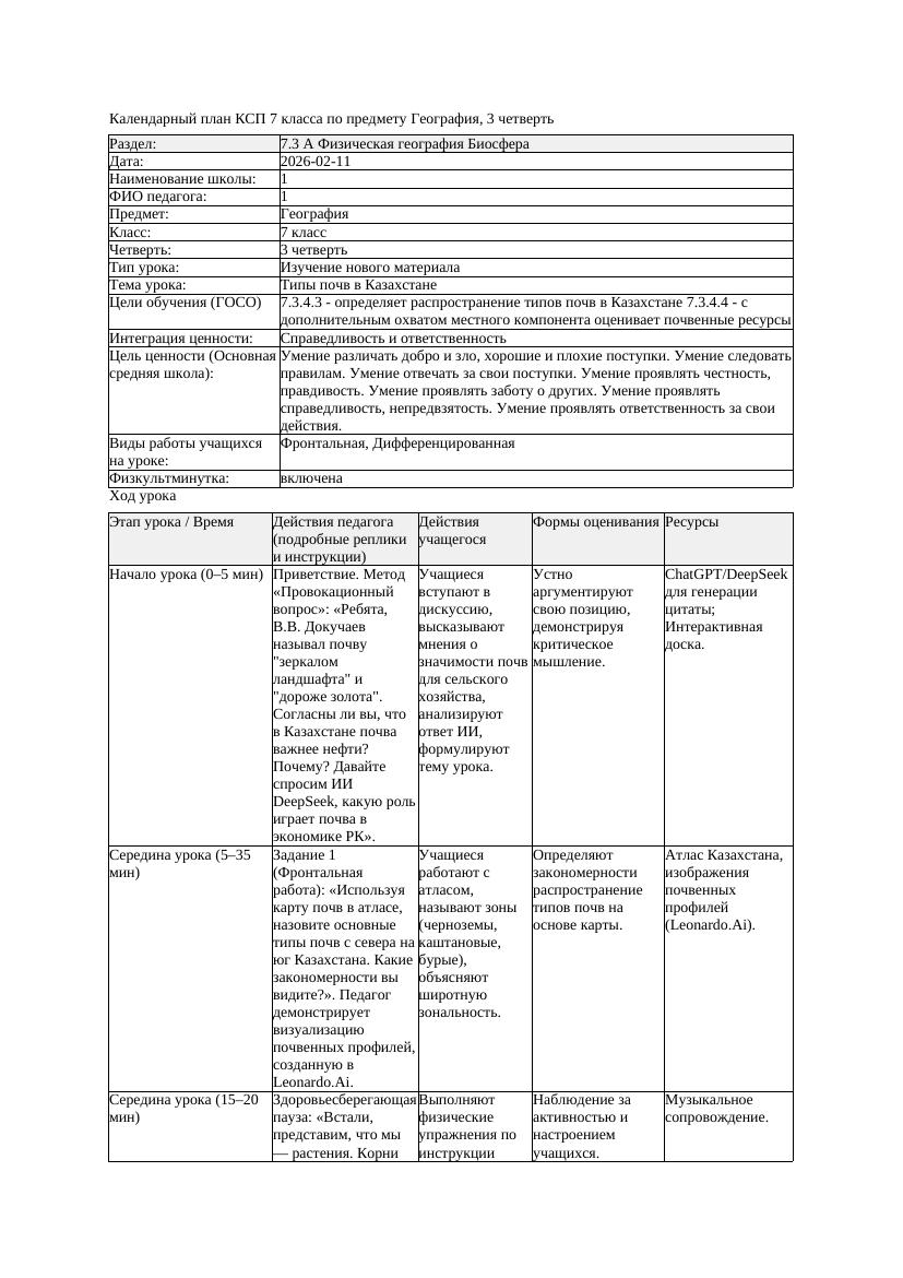 КСП География 7класс 3четверть Типы почв в Казахстане docx