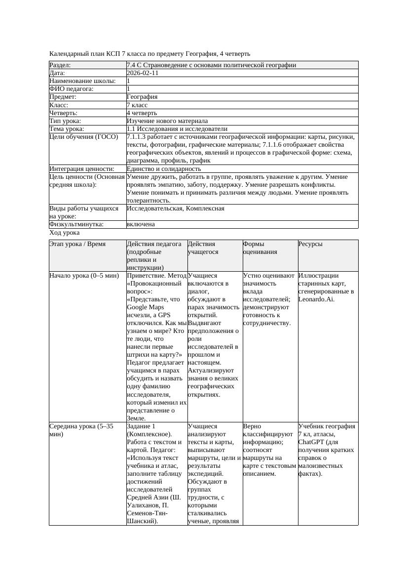 КСП География 7класс 4четверть Исследования и исследователиx