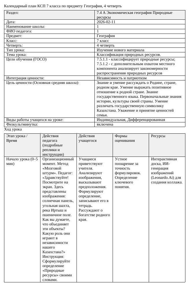 КСП География 7 класс 4 четверть Классификация природных ресурсов (урок 1)