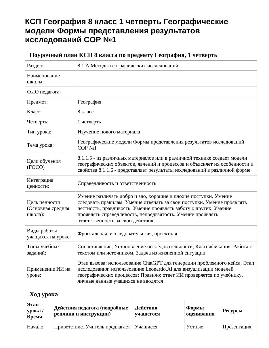 КСП География 8 класс 1 четверть Географические модели Формы представления результатов исследований СОР №1