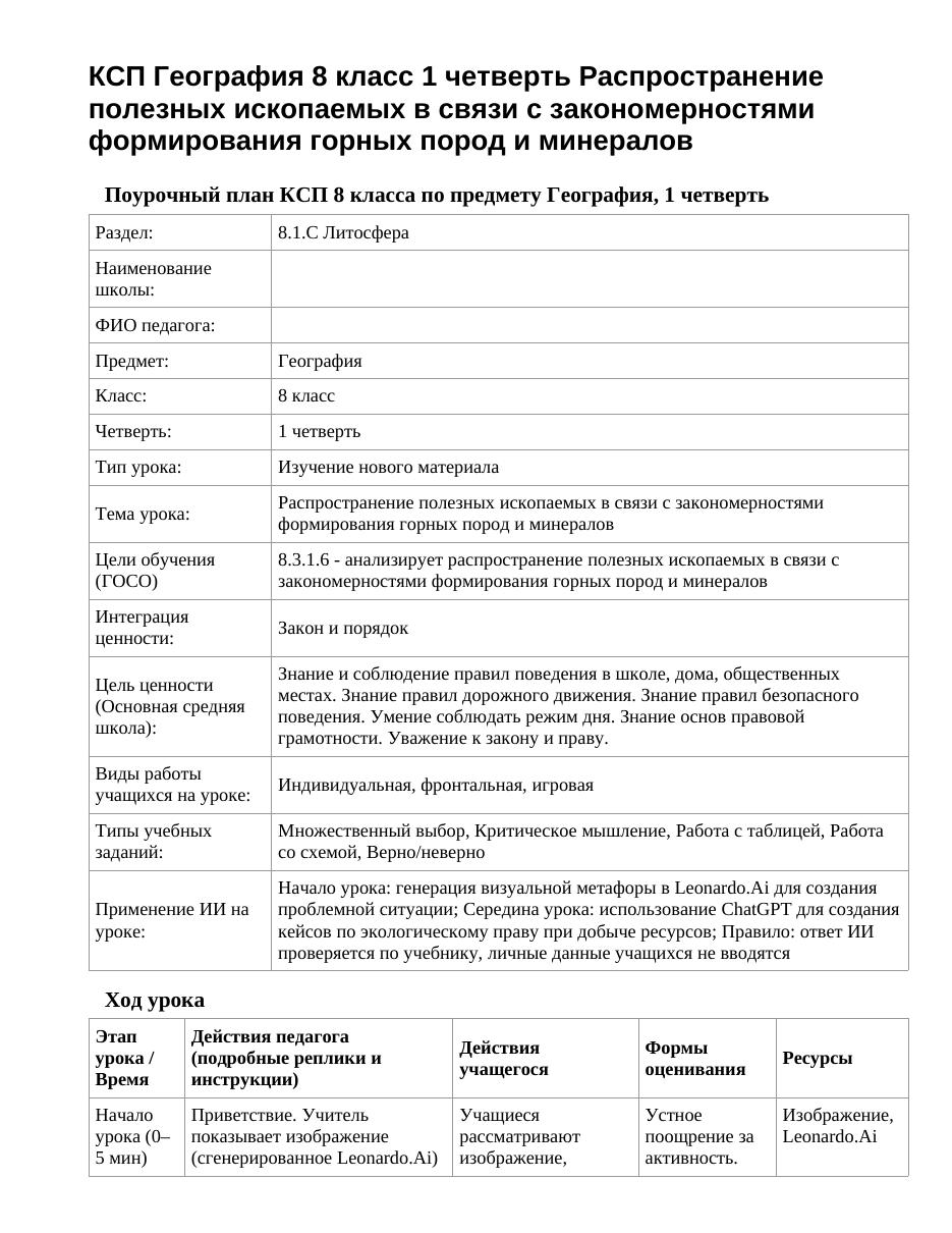 КСП География 8 класс 1 четверть Распространение полезных ископаемых в связи с закономерностями формирования горных пород и минералов