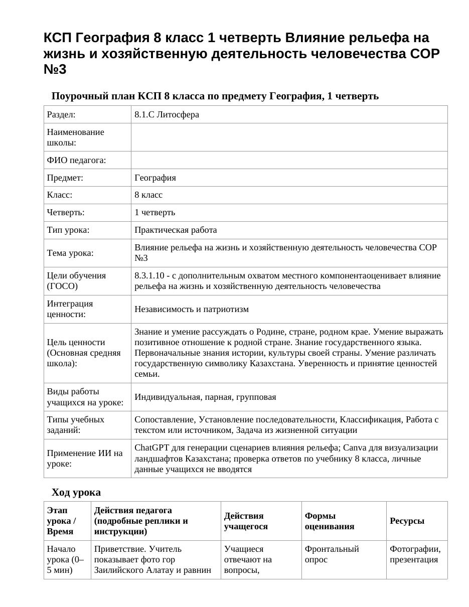 КСП География 8 класс 1 четверть Влияние рельефа на жизнь и хозяйственную деятельность человечества СОР №3