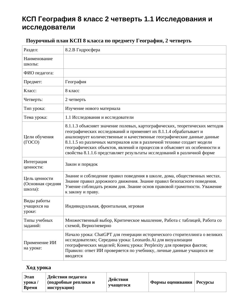 КСП География 8 класс 2 четверть 1.1 Исследования и исследователи