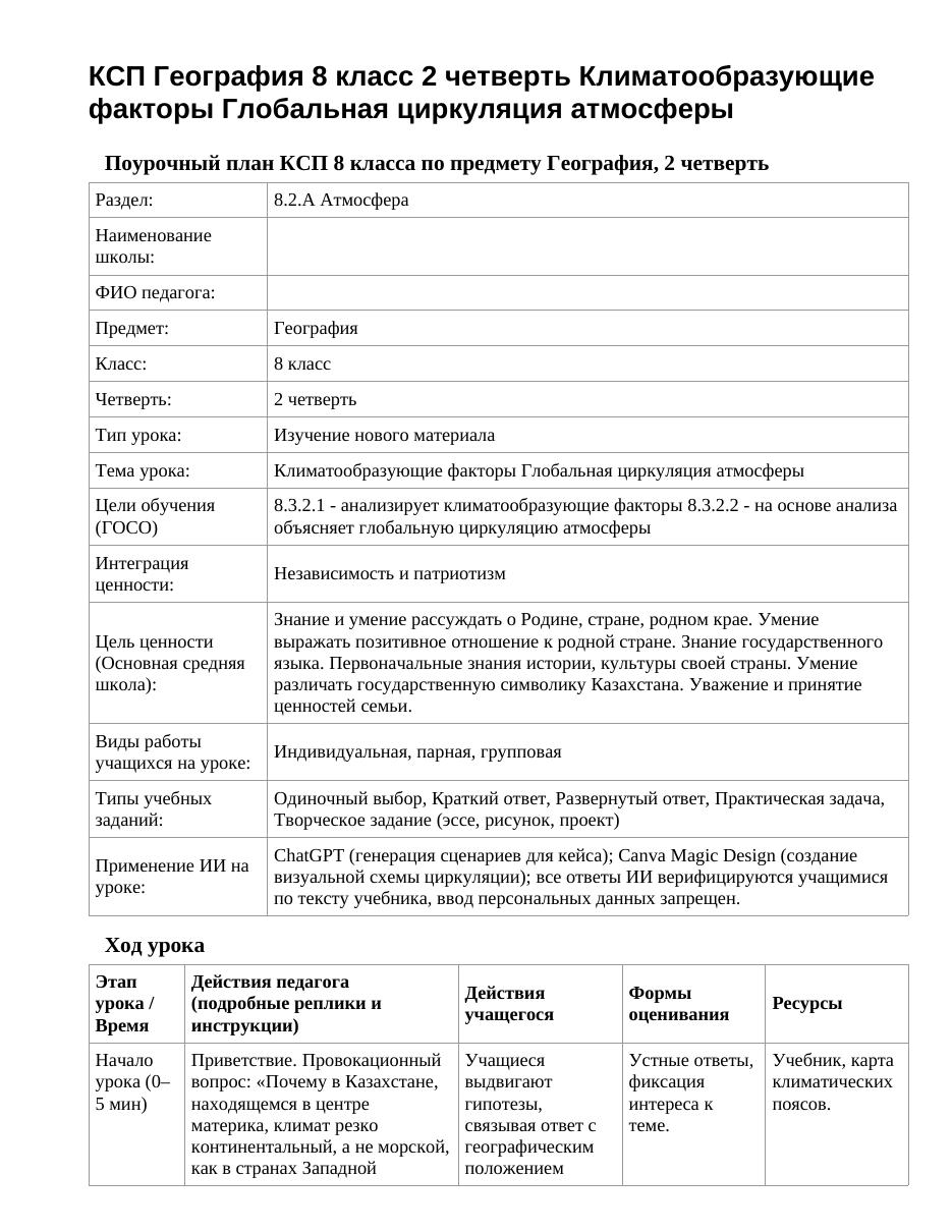 КСП География 8 класс 2 четверть Климатообразующие факторы Глобальная циркуляция атмосферы